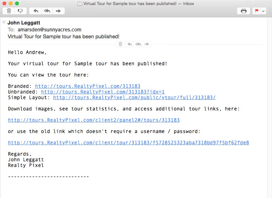 0-Your tour's been published" announcement email